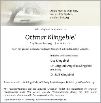 Anzeige von Ottmar Klingebiel 