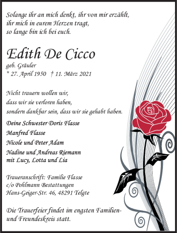 Anzeige von Edith De Cicco 