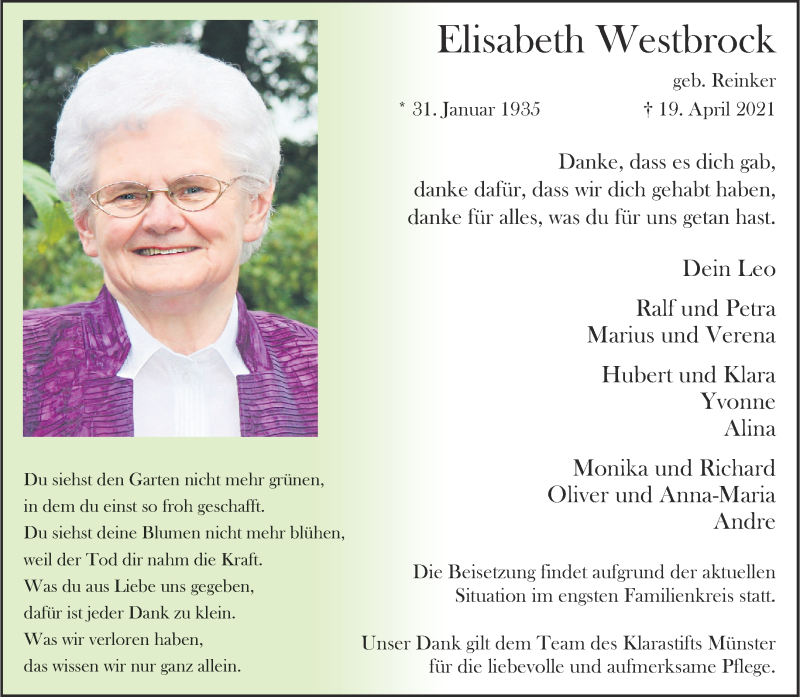  Traueranzeige für Elisabeth Westbrock vom 24.04.2021 aus 
