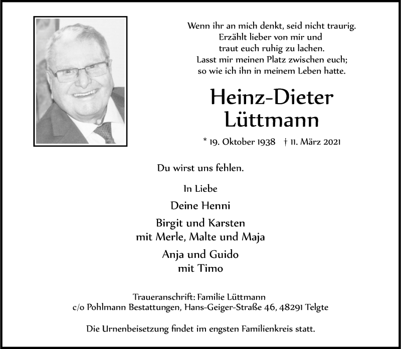  Traueranzeige für Heinz-Dieter Lüttmann vom 20.03.2021 aus 