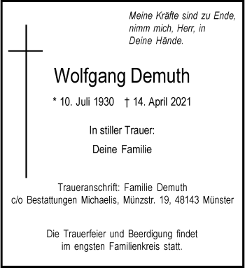 Anzeige von Wolfgang Demuth 