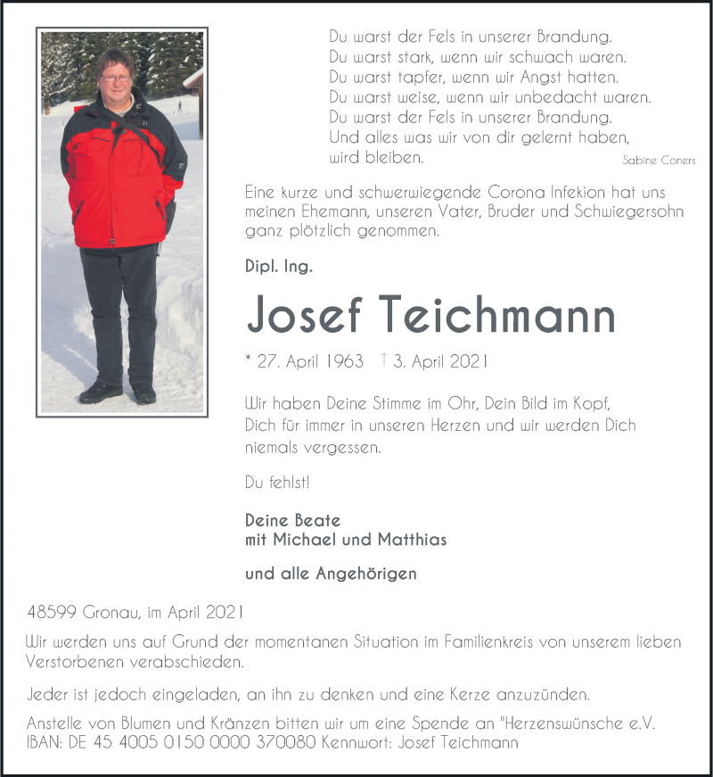  Traueranzeige für Josef Teichmann vom 07.04.2021 aus 