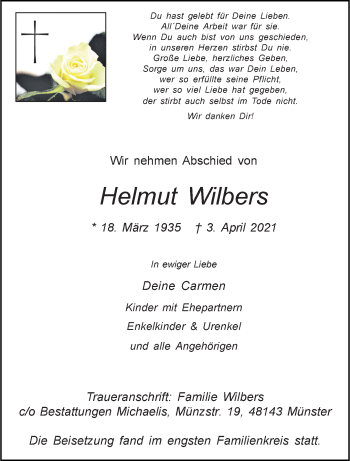 Anzeige von Helmut Wilbers 