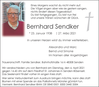 Anzeige von Bernhard Sendker 