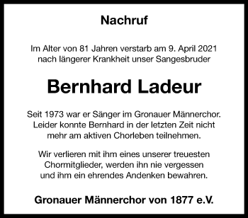 Anzeige von Bernhard Ladeur 