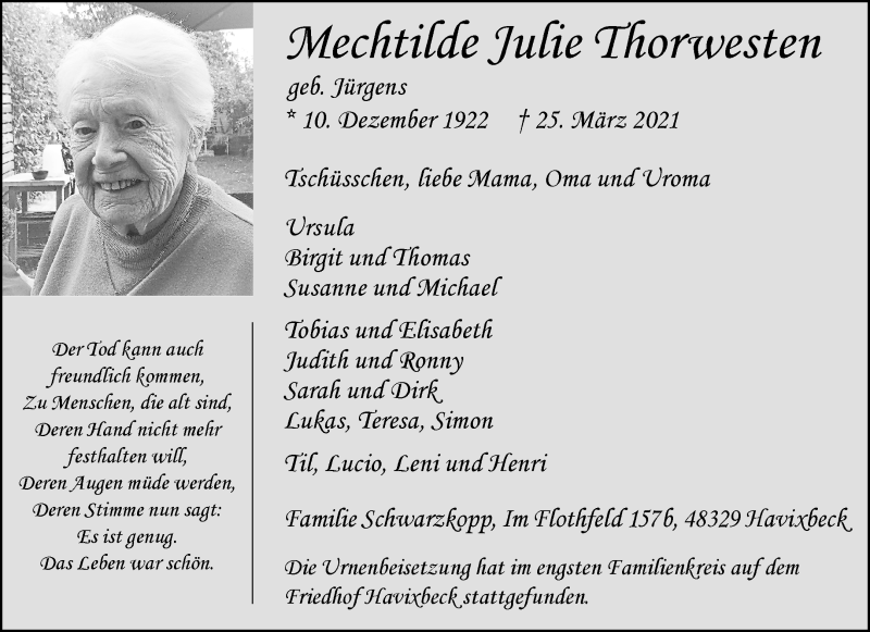  Traueranzeige für Mechtilde Julie Thorwesten vom 10.04.2021 aus 