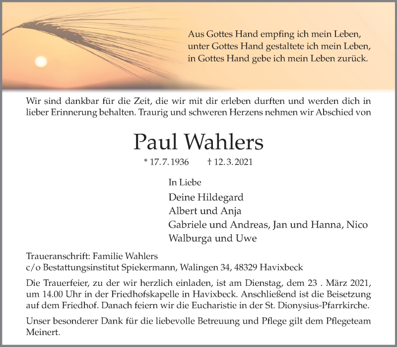  Traueranzeige für Paul Wahlers vom 17.03.2021 aus 