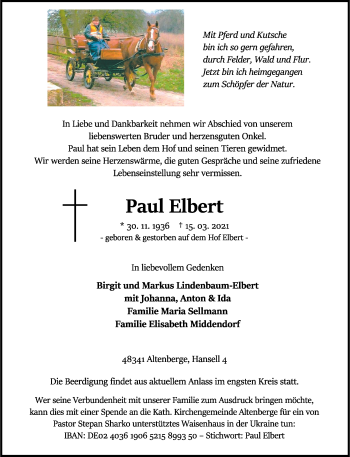 Anzeige von Bernhard Elbert 