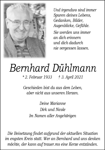 Anzeige von Bernhard Dühlmann 