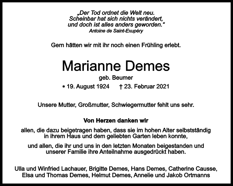  Traueranzeige für Marianne Demes vom 27.03.2021 aus 