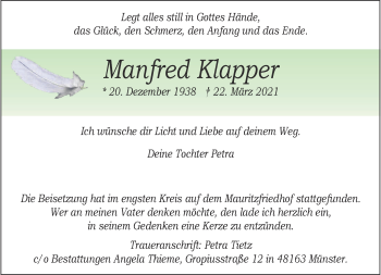 Anzeige von Manfred Klapper 