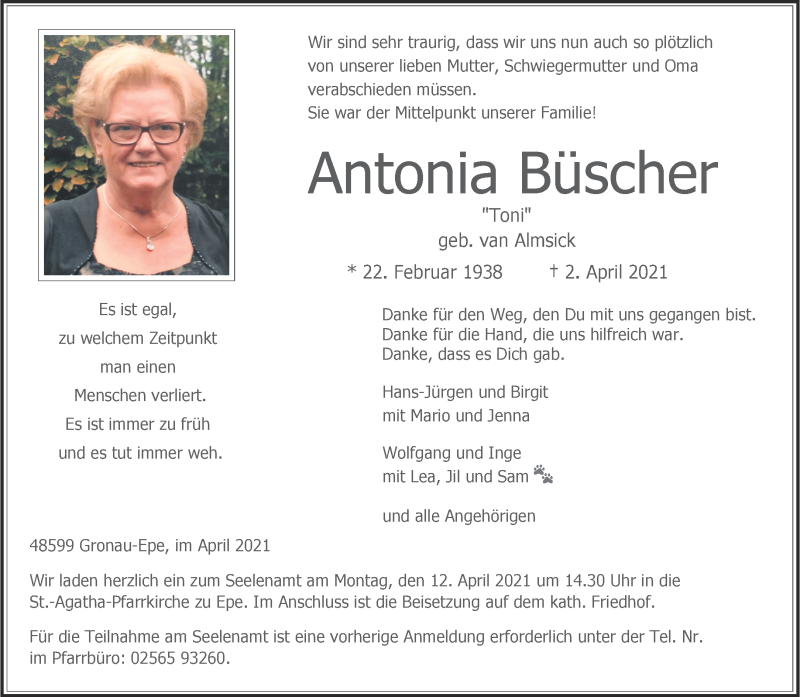  Traueranzeige für Antonia Büscher vom 09.04.2021 aus 