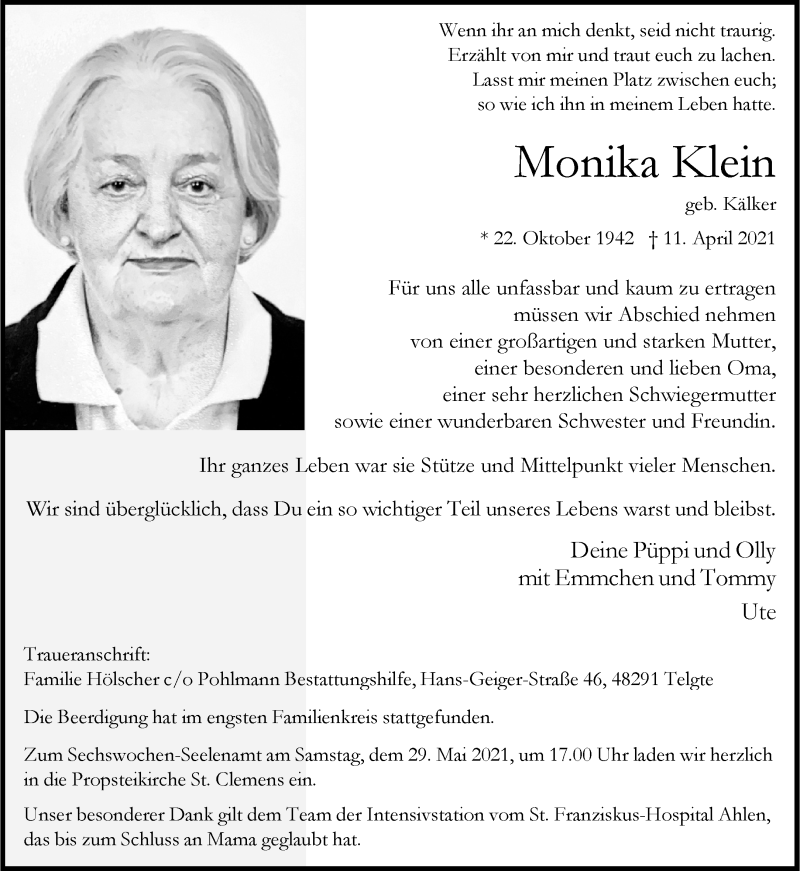  Traueranzeige für Monika Klein vom 17.04.2021 aus 