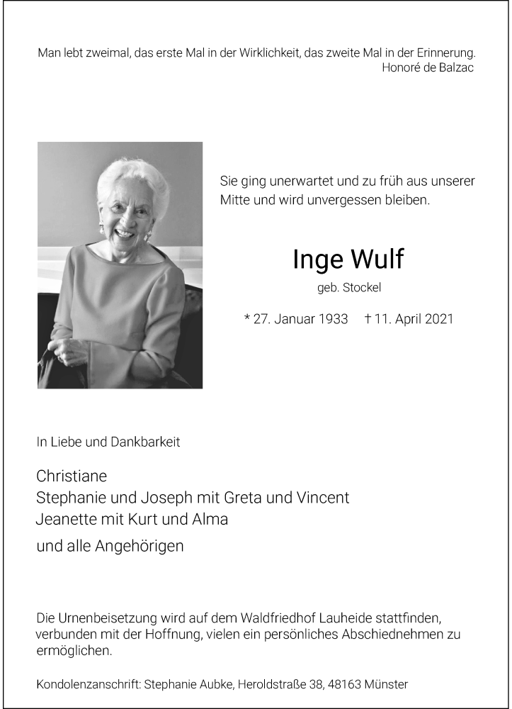  Traueranzeige für Inge Wulf vom 17.04.2021 aus 