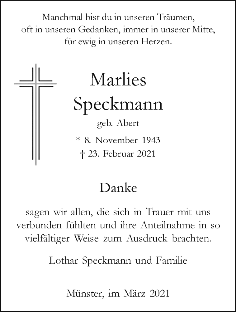  Traueranzeige für Marlies Speckmann vom 31.03.2021 aus 