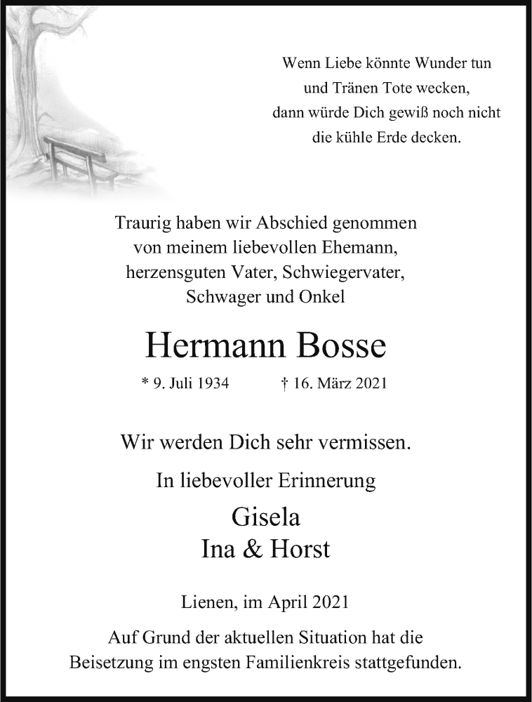  Traueranzeige für Hermann Bosse vom 02.04.2021 aus 