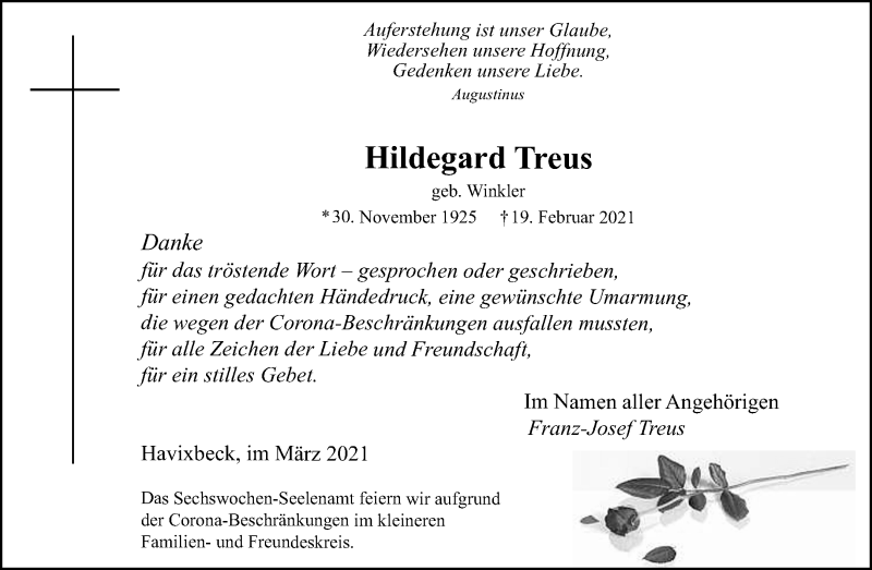  Traueranzeige für Hildegard Treus vom 27.03.2021 aus 
