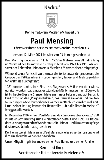 Anzeige von Paul Mensing 