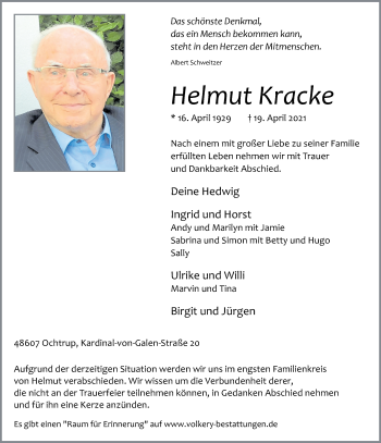 Anzeige von Helmut Kracke 
