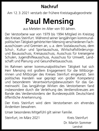 Anzeige von Paul Mensing 