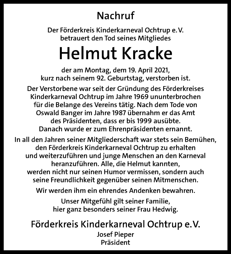  Traueranzeige für Helmut Kracke vom 24.04.2021 aus 