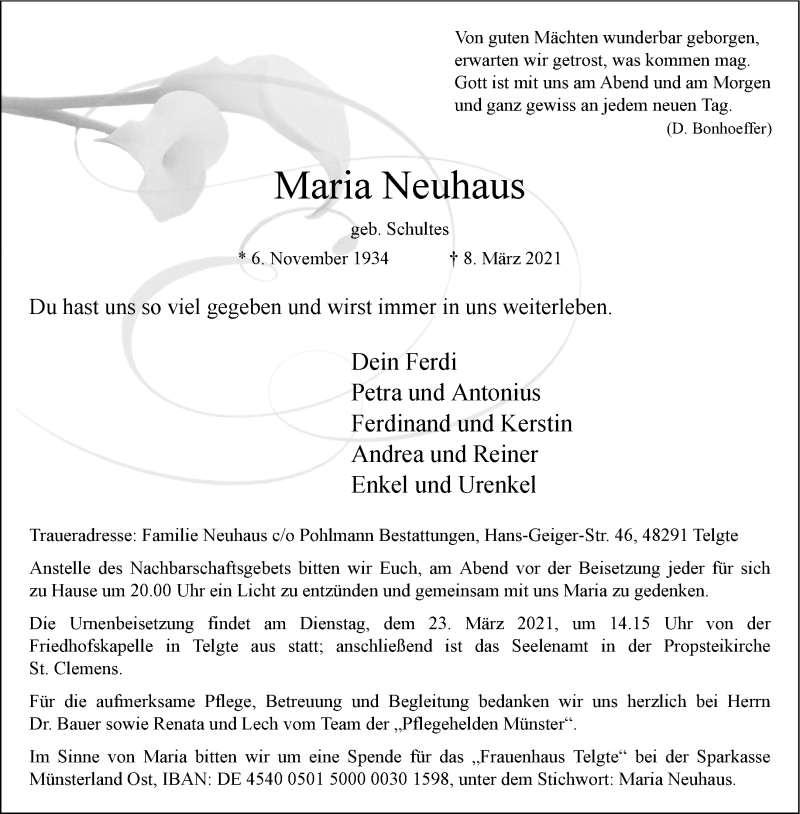  Traueranzeige für Maria Neuhaus vom 20.03.2021 aus 