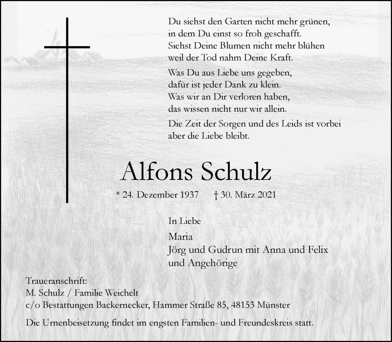  Traueranzeige für Alfons Schulz vom 10.04.2021 aus 