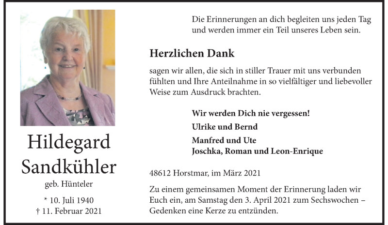  Traueranzeige für Hildegard Sandkühler vom 27.03.2021 aus 