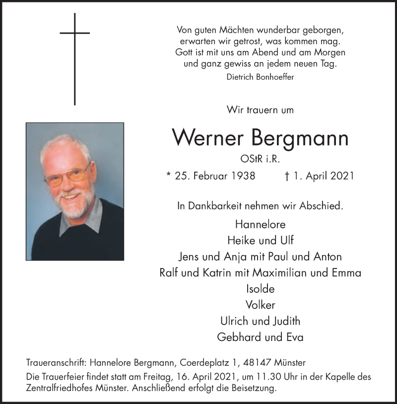  Traueranzeige für Werner Bergmann vom 10.04.2021 aus 