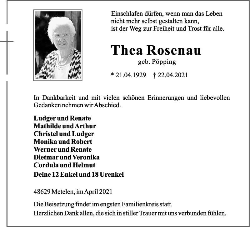  Traueranzeige für Thea Rosenau vom 26.04.2021 aus 