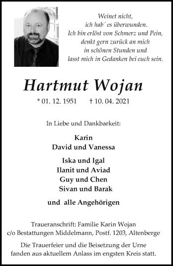 Anzeige von Hartmut Wojan 