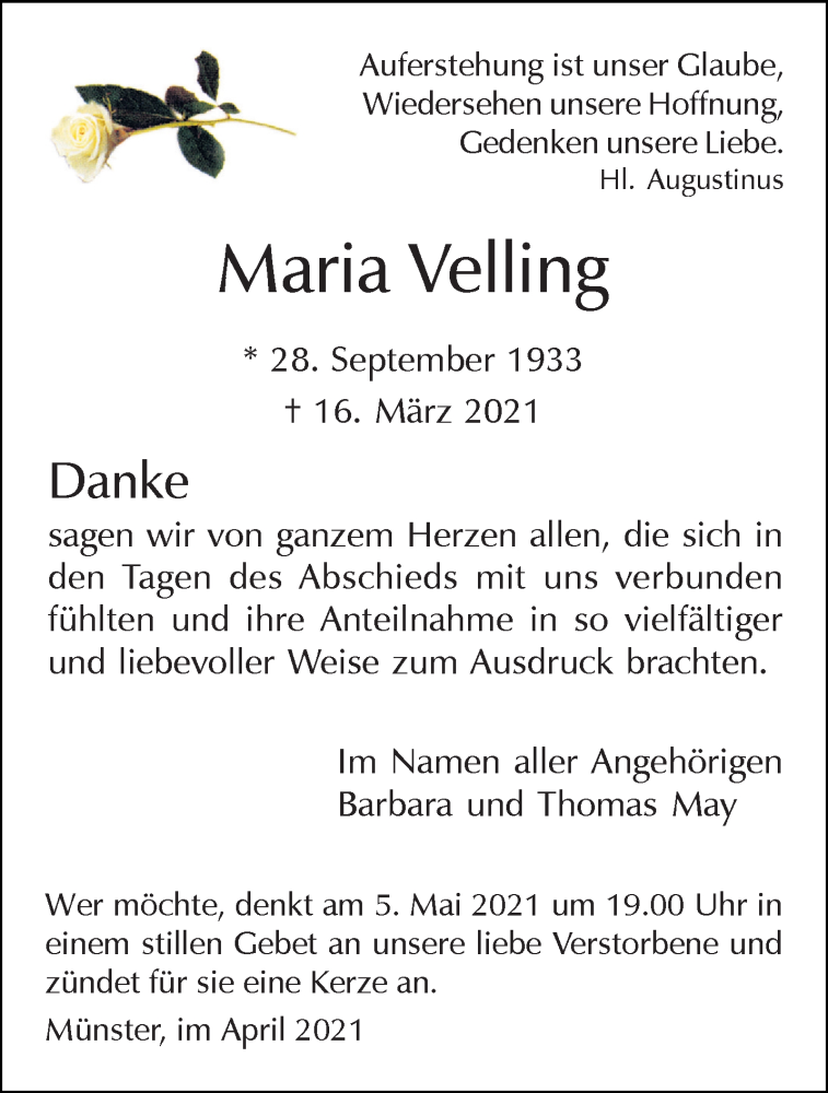  Traueranzeige für Maria Velling vom 24.04.2021 aus 