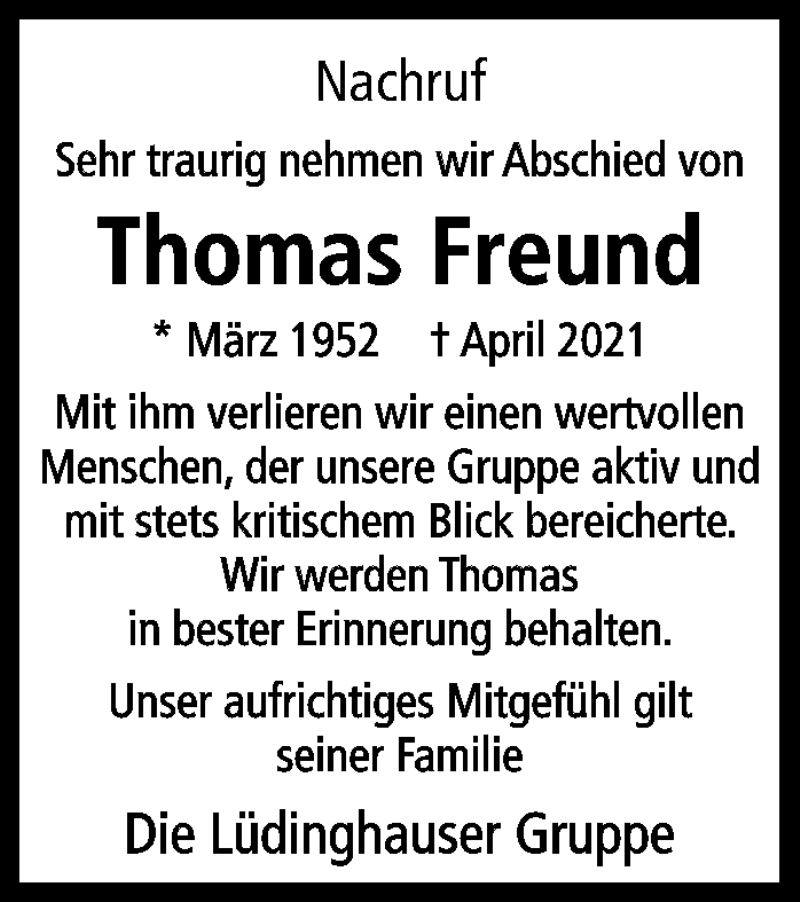  Traueranzeige für Thomas Freund vom 16.04.2021 aus 