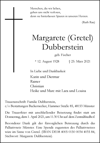 Anzeige von Margarete Dubberstein 