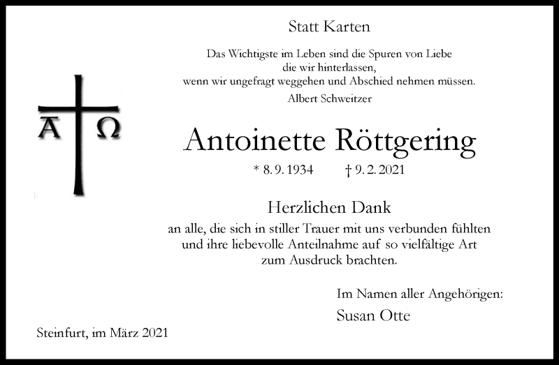 Traueranzeige für Antoinette Röttgering vom 20.03.2021 aus 