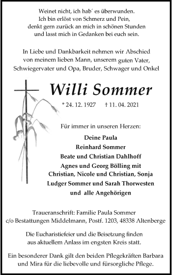 Anzeige von Willi Sommer 