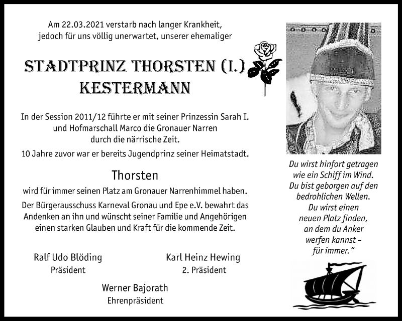  Traueranzeige für Thorsten Kestermann vom 29.03.2021 aus 