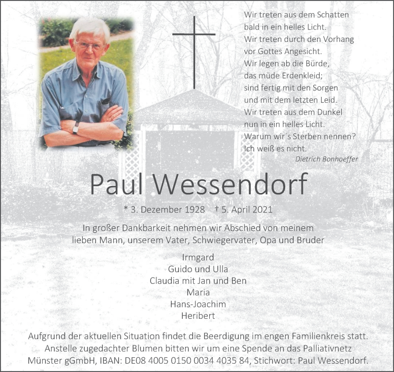  Traueranzeige für Paul Wessendorf vom 10.04.2021 aus 