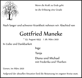 Anzeige von Gottfried Maneke 
