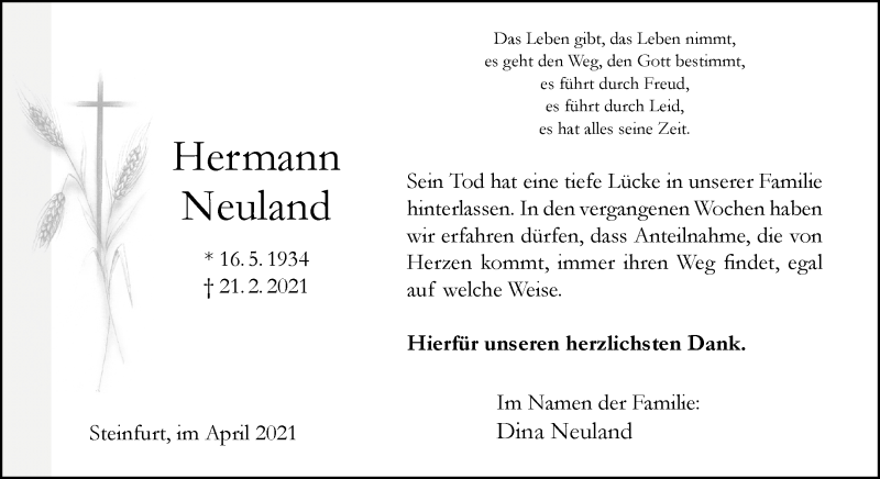  Traueranzeige für Hermann Neuland vom 01.04.2021 aus 