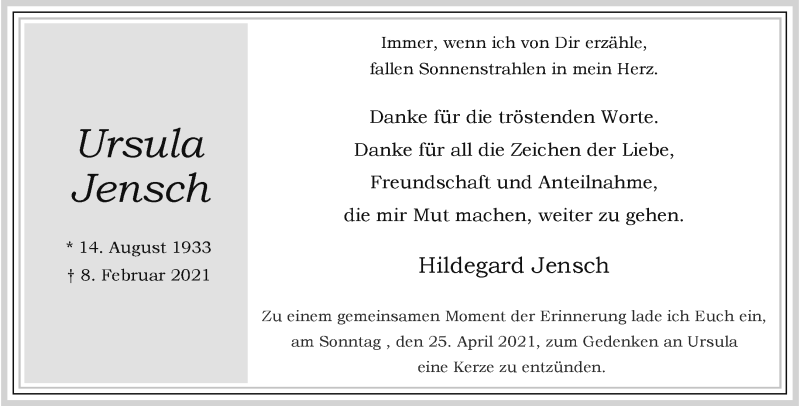  Traueranzeige für Ursula Jensch vom 24.04.2021 aus 