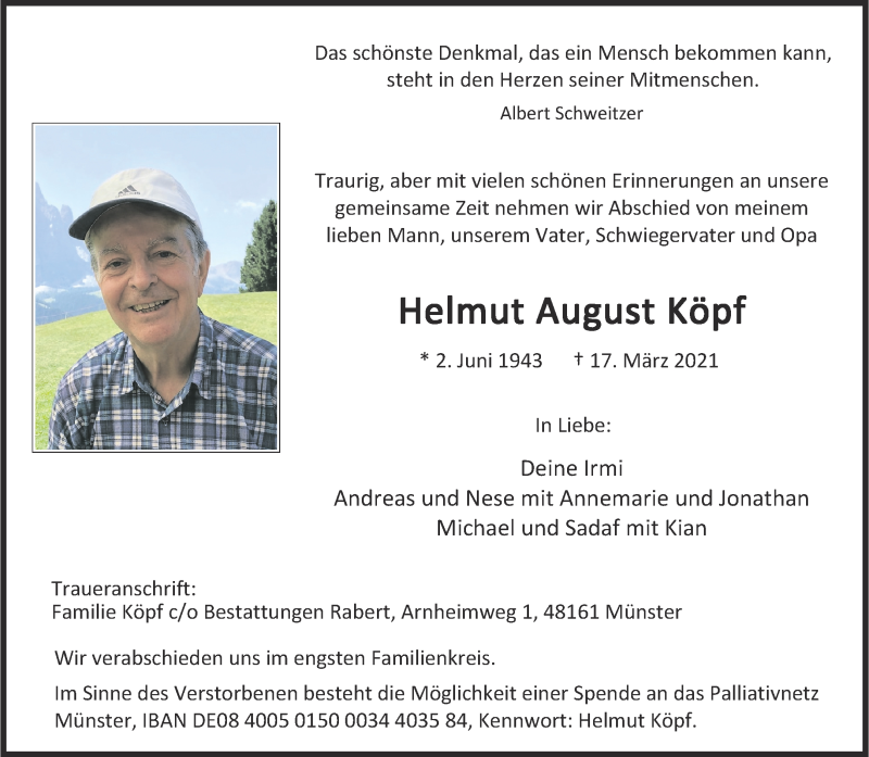  Traueranzeige für Helmut August Köpf vom 20.03.2021 aus 