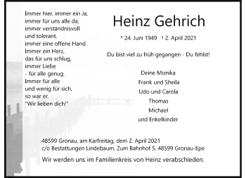 Anzeige von Heinz Gehrich 