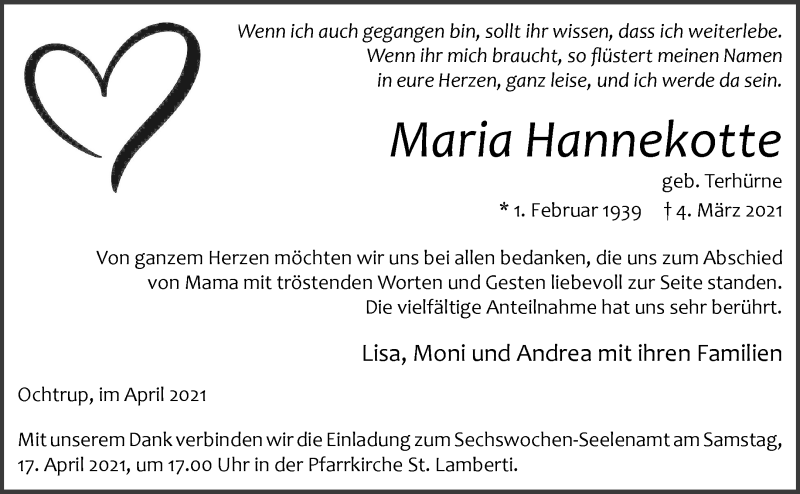  Traueranzeige für Maria Hannekotte vom 14.04.2021 aus 