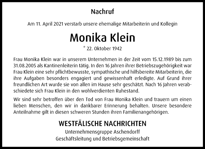  Traueranzeige für Monika Klein vom 17.04.2021 aus 