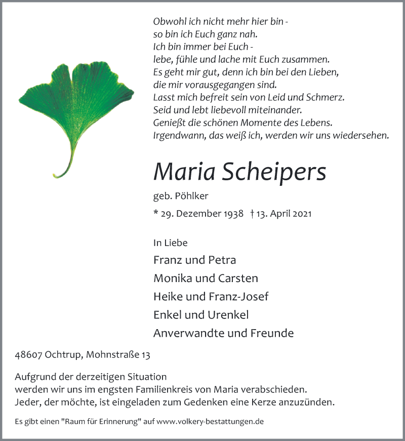  Traueranzeige für Alfons Scheipers vom 16.04.2021 aus 