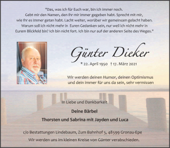 Anzeige von Günter Dieker 