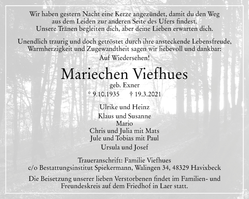  Traueranzeige für Mariechen Viefhues vom 24.03.2021 aus 