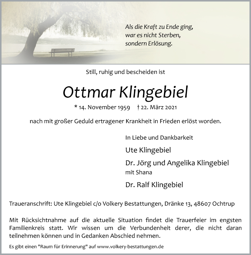  Traueranzeige für Ottmar Klingebiel vom 12.04.2021 aus 