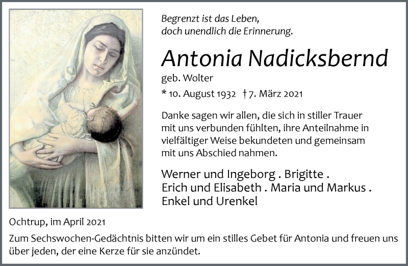  Traueranzeige für Antonia Nadicksbernd vom 21.04.2021 aus 